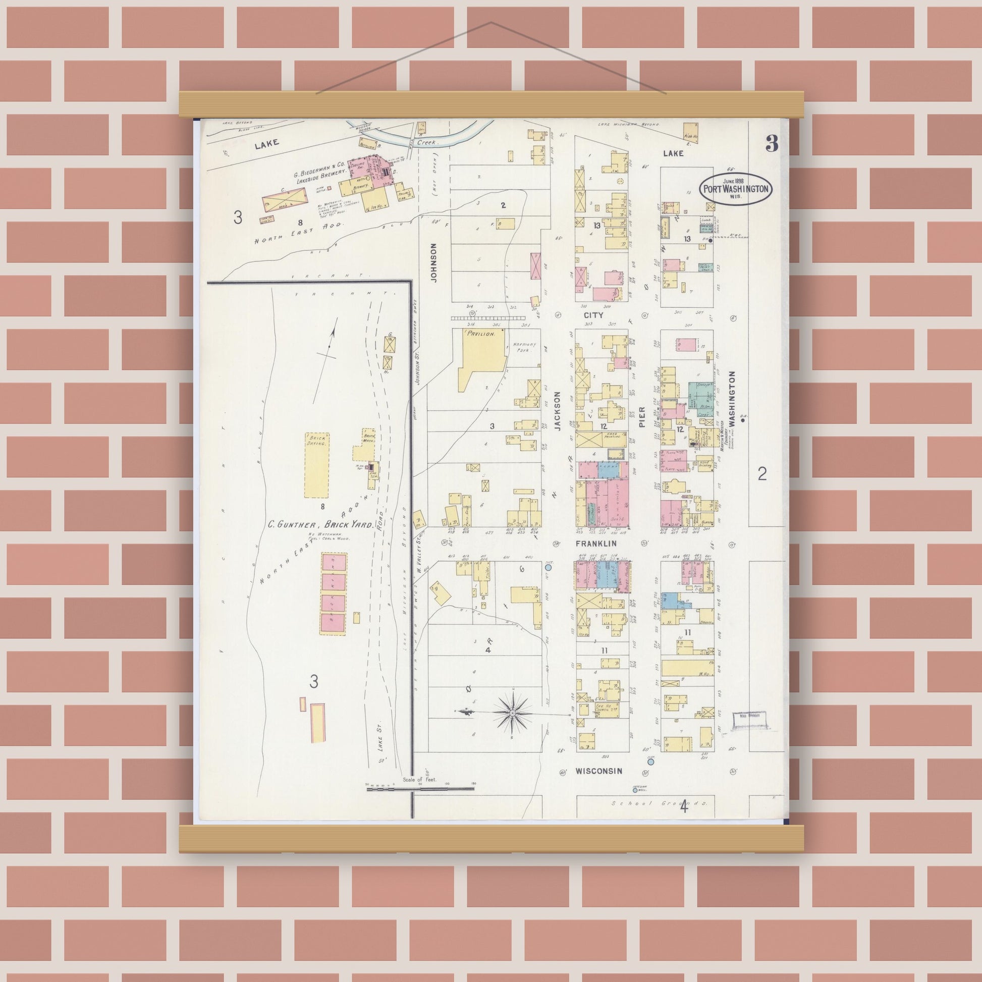 Old map wall art mockup — magnetic wood frame on brick wall — Sanborn Fire Insurance Map from Port Washington, Ozaukee County, Wisconsin (1898), Sheet #0003