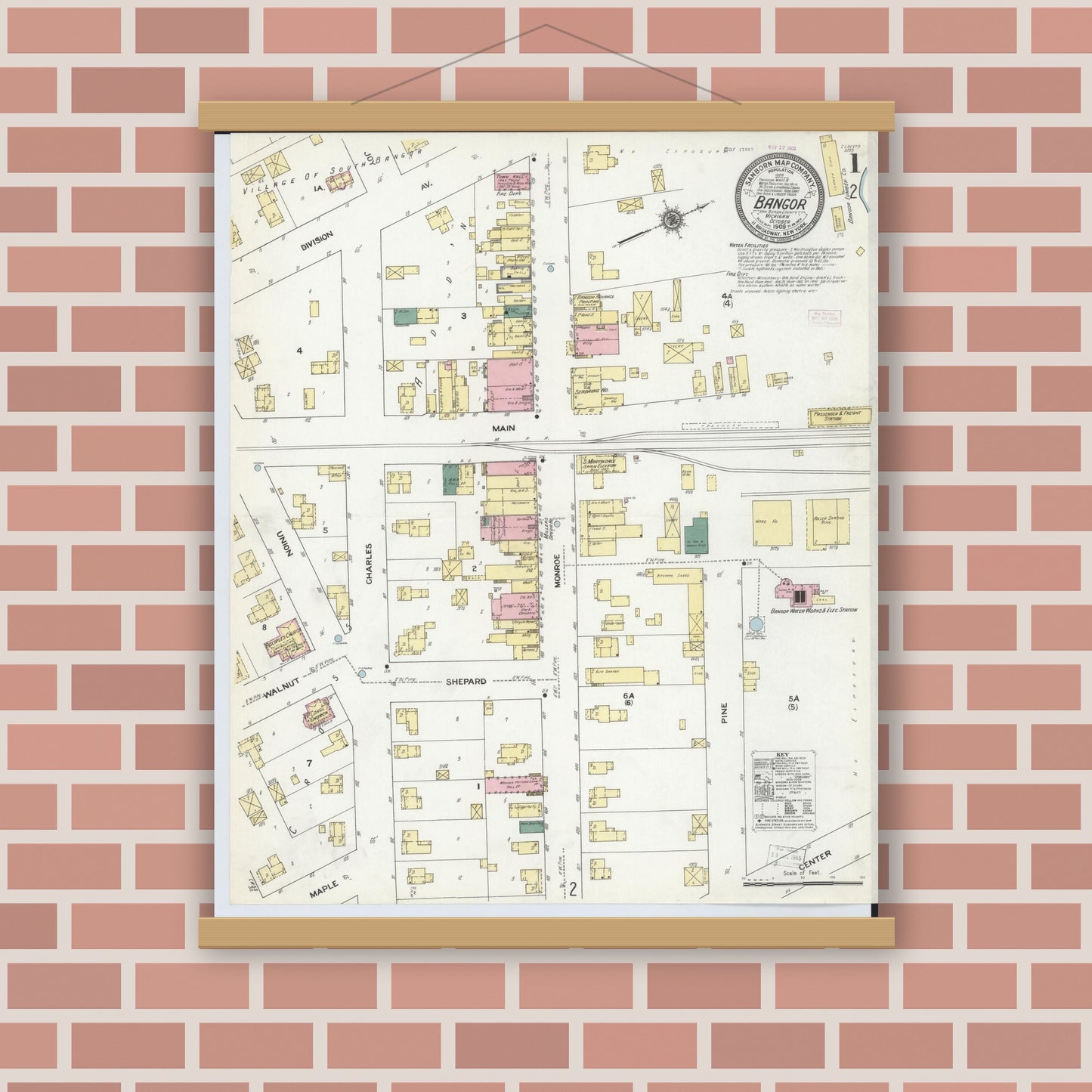 Old map wall art mockup — magnetic wood frame on brick wall — Sanborn Fire Insurance Map from Bangor, Van Buren County, Michigan (1909) - Complete Map Set