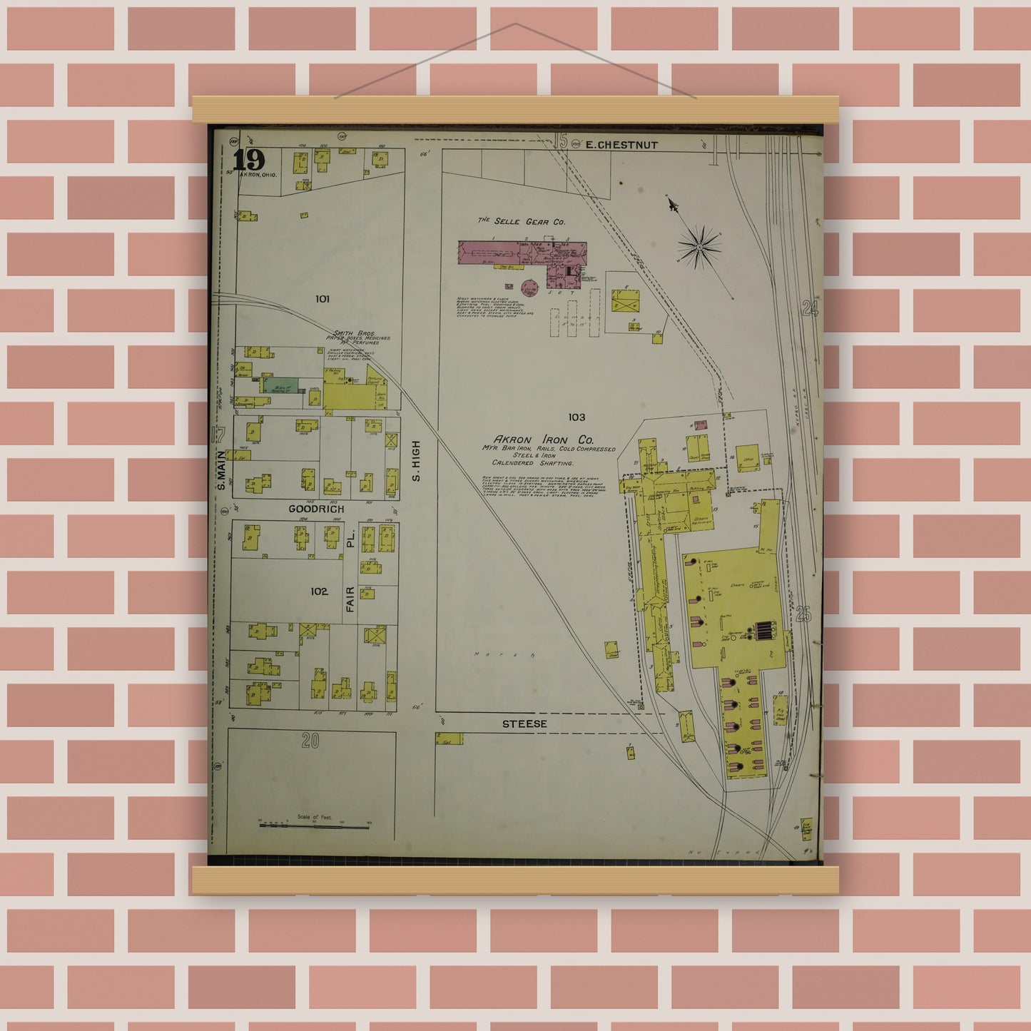 Old map wall art mockup — magnetic wood frame on brick wall — Sanborn Fire Insurance Map from Akron, Summit County, Ohio (1892), Sheet #0019