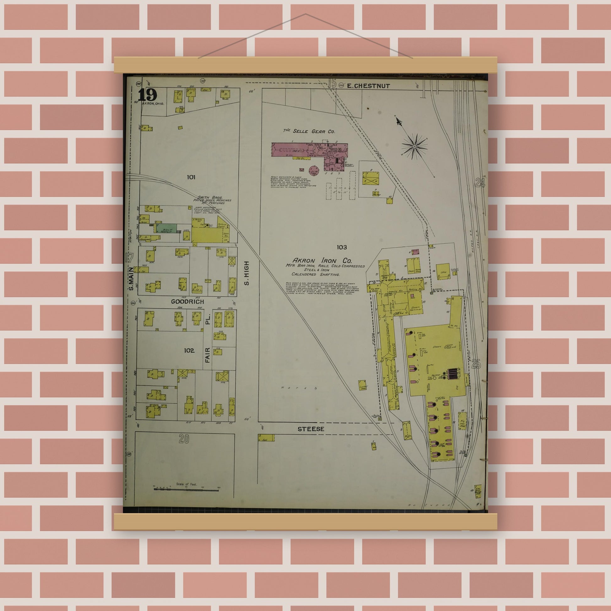 Old map wall art mockup — magnetic wood frame on brick wall — Sanborn Fire Insurance Map from Akron, Summit County, Ohio (1892), Sheet #0019