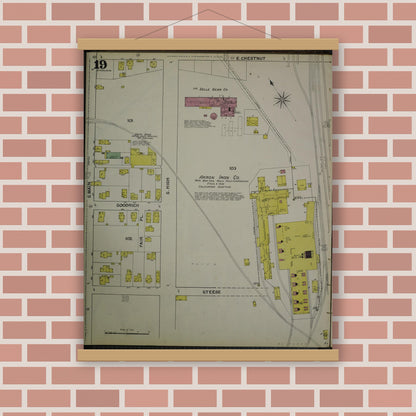 Old map wall art mockup — magnetic wood frame on brick wall — Sanborn Fire Insurance Map from Akron, Summit County, Ohio (1892), Sheet #0019