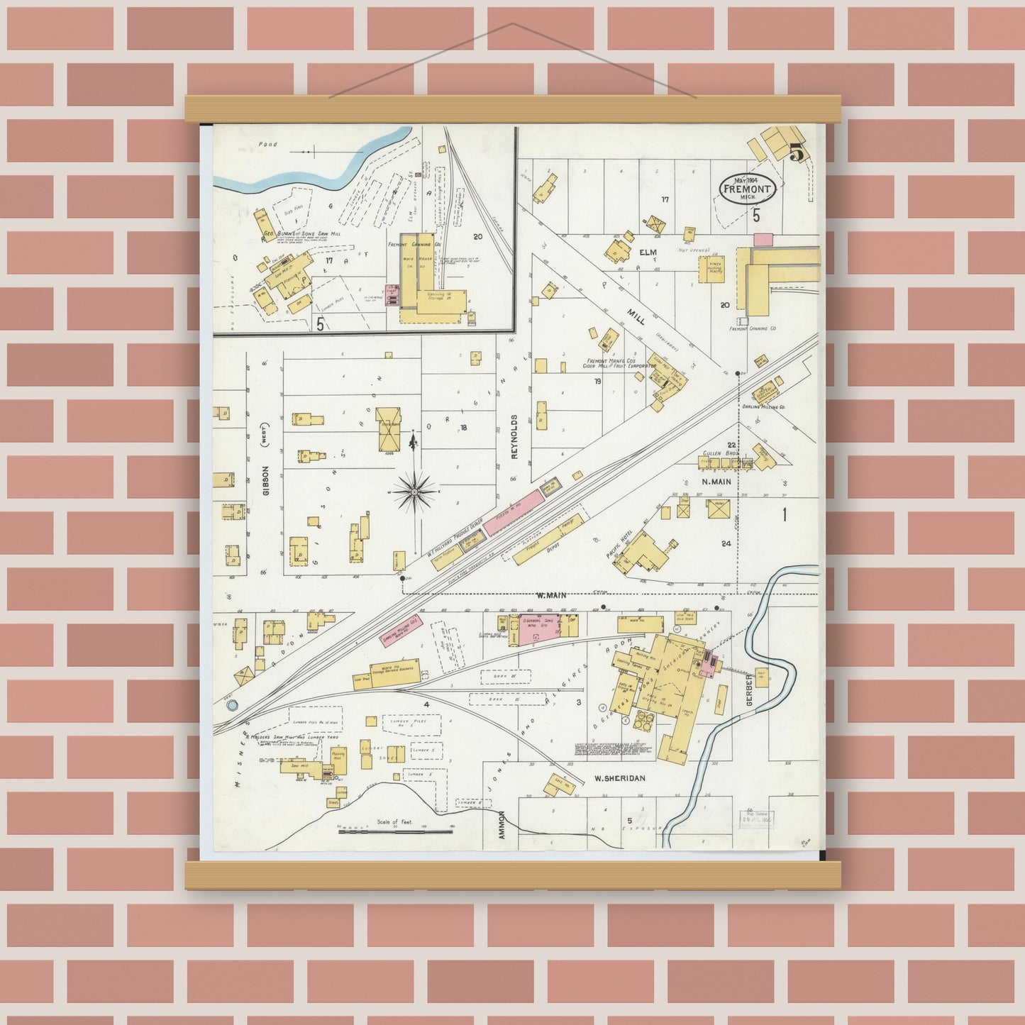 Old map wall art mockup — magnetic wood frame on brick wall — Sanborn Fire Insurance Map from Fremont, Newaygo County, Michigan (1904), Sheet #0005