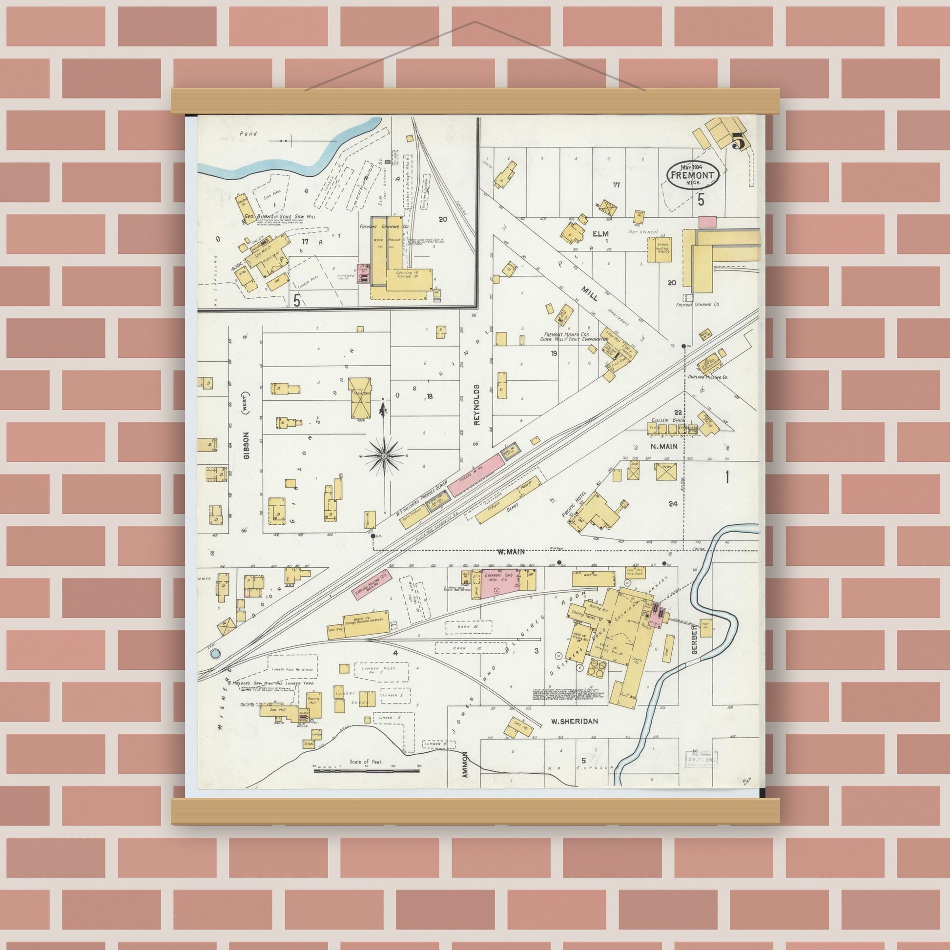 Old map wall art mockup — magnetic wood frame on brick wall — Sanborn Fire Insurance Map from Fremont, Newaygo County, Michigan (1904), Sheet #0005