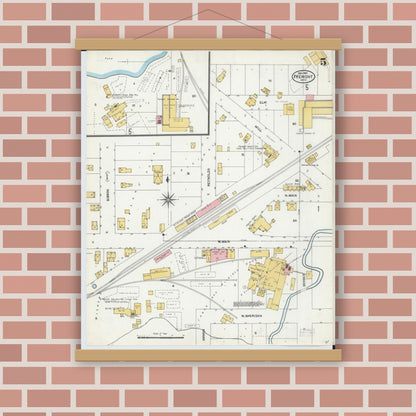 Old map wall art mockup — magnetic wood frame on brick wall — Sanborn Fire Insurance Map from Fremont, Newaygo County, Michigan (1904), Sheet #0005