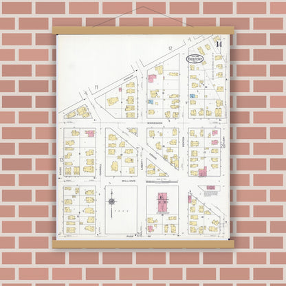 Old map wall art mockup — magnetic wood frame on brick wall — Sanborn Fire Insurance Map from Freeport, Stephenson County, Illinois (1918), Sheet #0014