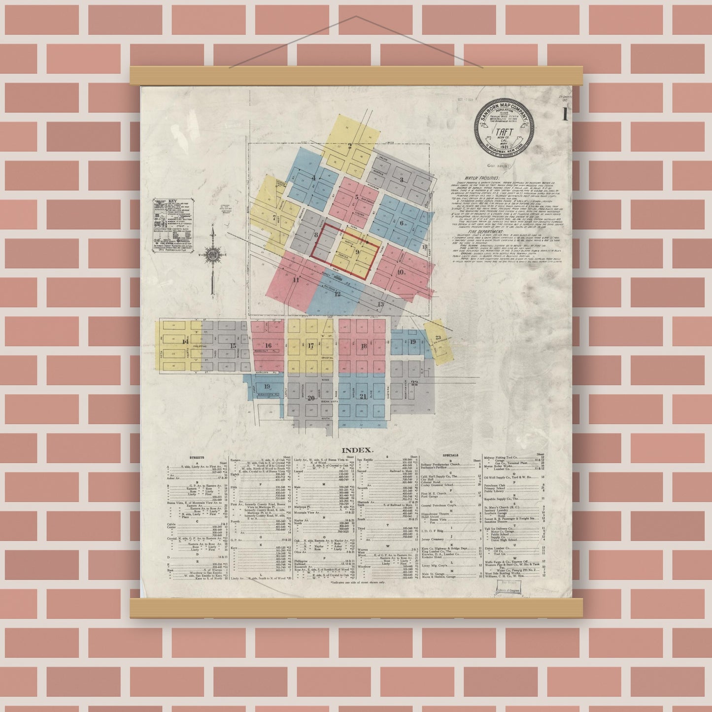 Old map wall art mockup — magnetic wood frame on brick wall — Sanborn Fire Insurance Map from Taft, Kern County, California (1921) - Complete Map Set