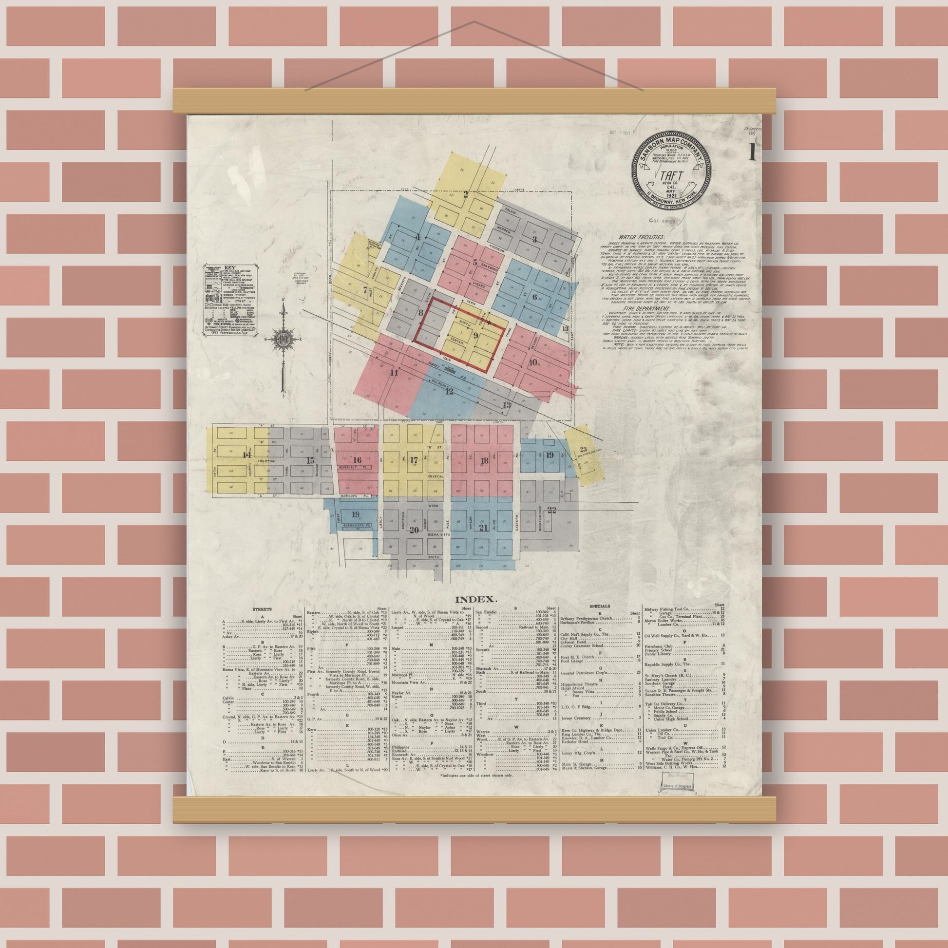 Old map wall art mockup — magnetic wood frame on brick wall — Sanborn Fire Insurance Map from Taft, Kern County, California (1921) - Complete Map Set
