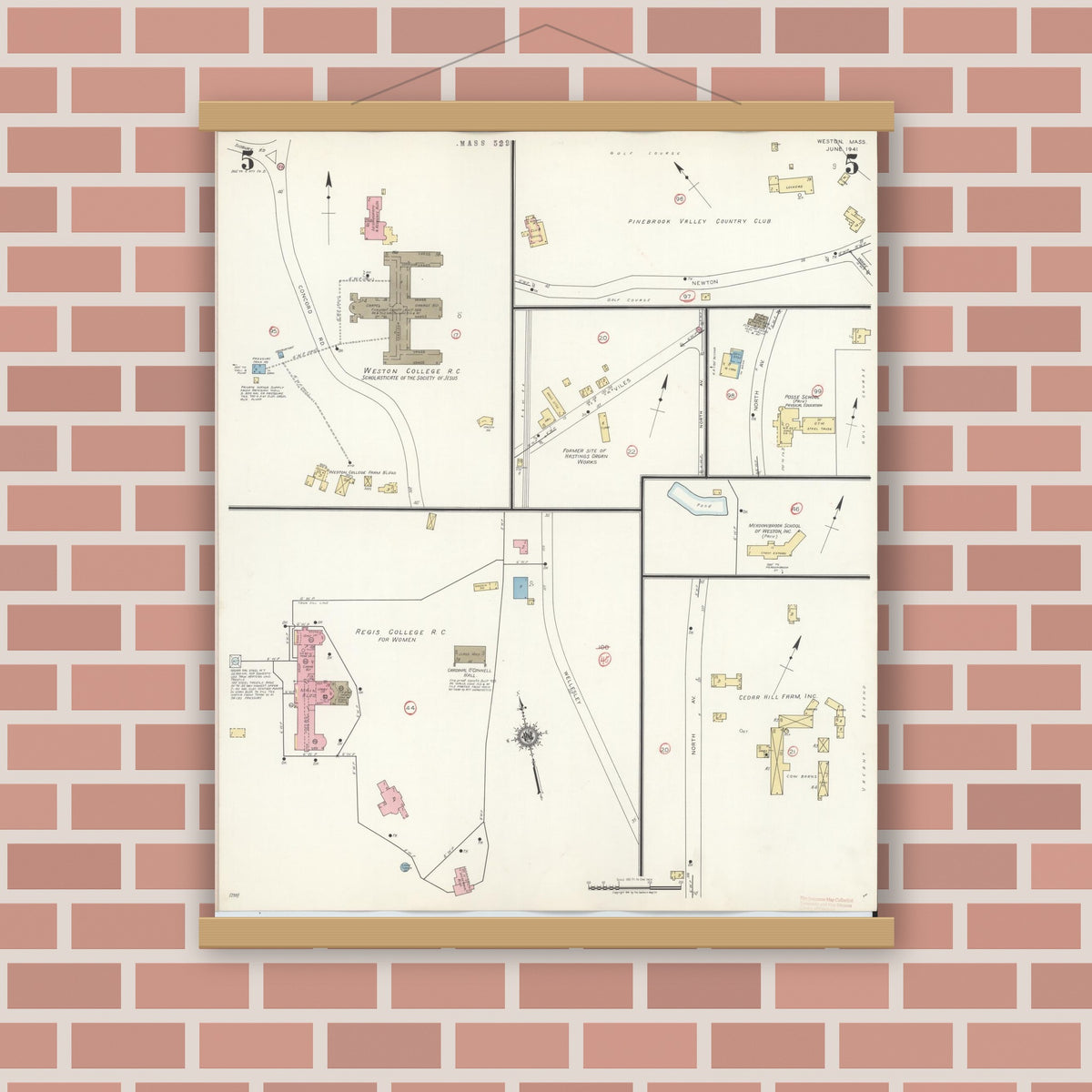 Old map wall art mockup — magnetic wood frame on brick wall — Sanborn Fire Insurance Map from Weston, Middlesex County, Massachusetts (1941), Sheet #0005