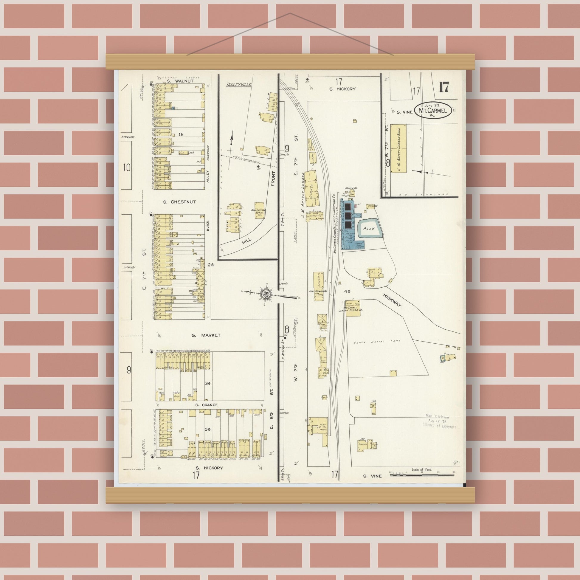 Old map wall art mockup — magnetic wood frame on brick wall — Sanborn Fire Insurance Map from Mount Carmel, Northumberland County, Pennsylvania (1913), Sheet #0017