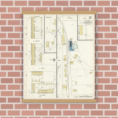 Old map wall art mockup — magnetic wood frame on brick wall — Sanborn Fire Insurance Map from Mount Carmel, Northumberland County, Pennsylvania (1913), Sheet #0017