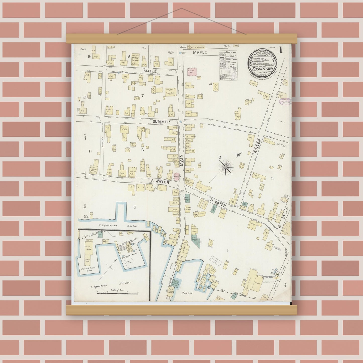 Old map wall art mockup — magnetic wood frame on brick wall — Sanborn Fire Insurance Map from Edgartown, Dukes County, Massachusetts (1887), Sheet #0001