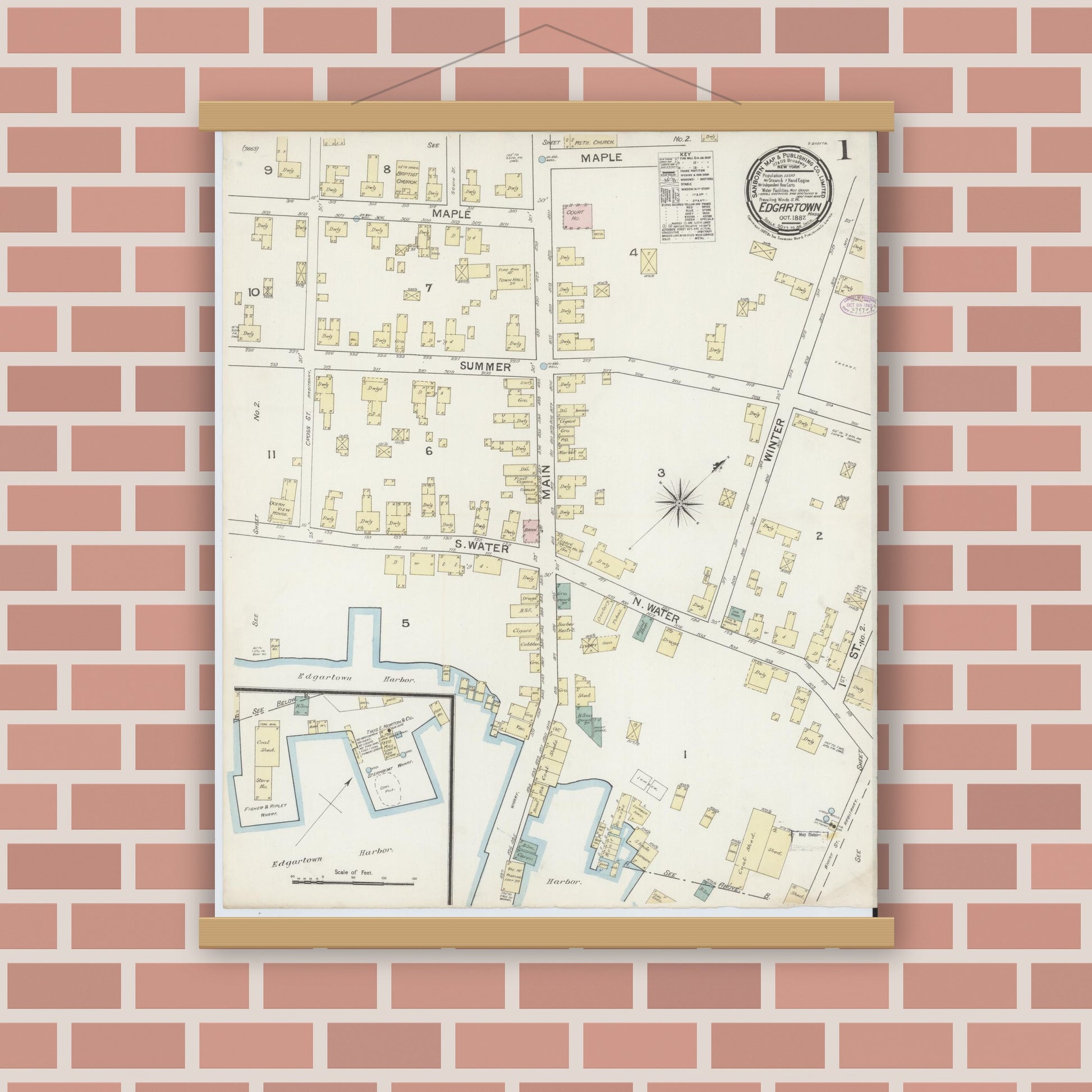 Old map wall art mockup — magnetic wood frame on brick wall — Sanborn Fire Insurance Map from Edgartown, Dukes County, Massachusetts (1887), Sheet #0001