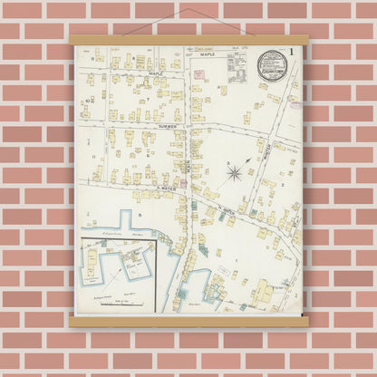 Old map wall art mockup — magnetic wood frame on brick wall — Sanborn Fire Insurance Map from Edgartown, Dukes County, Massachusetts (1887), Sheet #0001