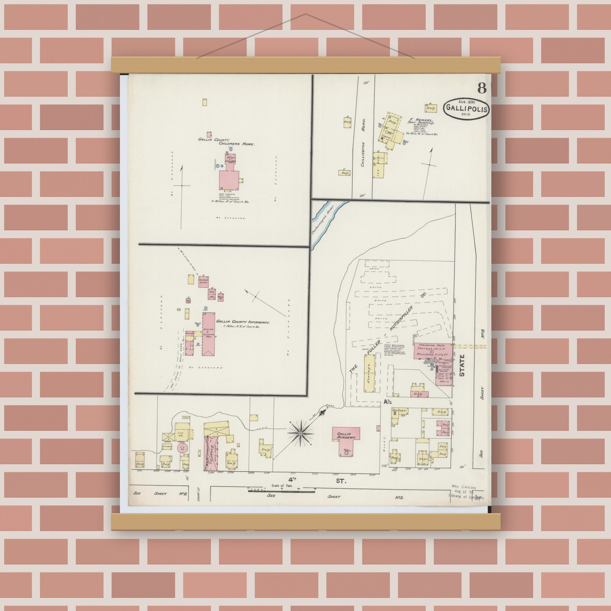 Old map wall art mockup — magnetic wood frame on brick wall — Sanborn Fire Insurance Map from Gallipolis, Gallia County, Ohio (1890), Sheet #0008