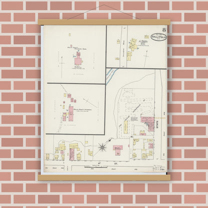 Old map wall art mockup — magnetic wood frame on brick wall — Sanborn Fire Insurance Map from Gallipolis, Gallia County, Ohio (1890), Sheet #0008