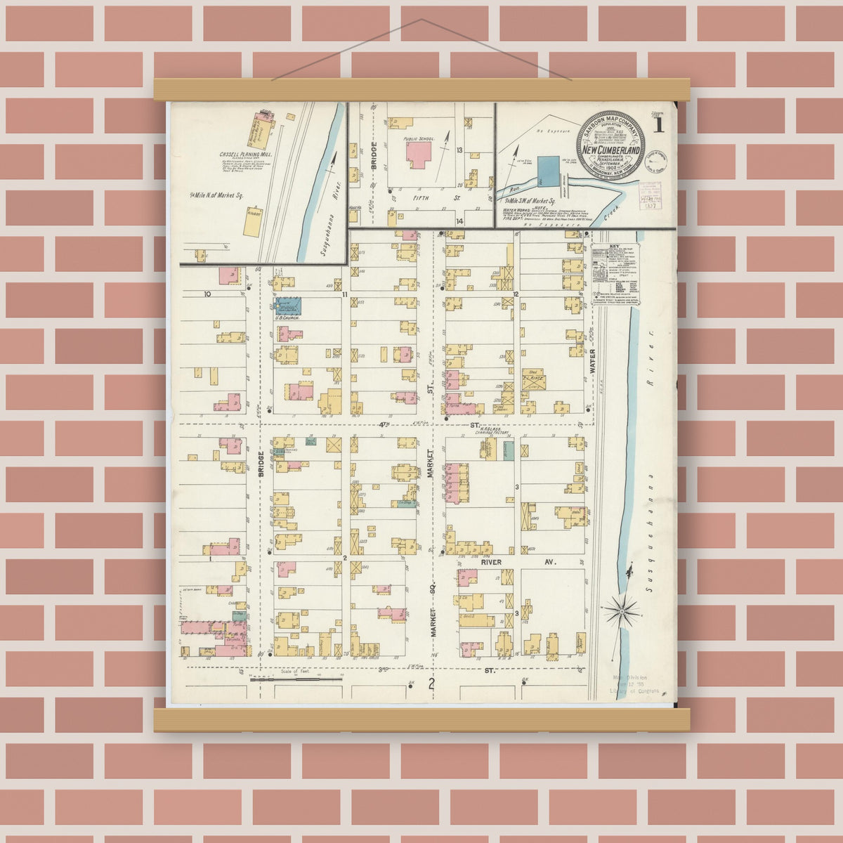Old map wall art mockup — magnetic wood frame on brick wall — Sanborn Fire Insurance Map from New Cumberland, Cumberland County, Pennsylvania (1902), Sheet #0001