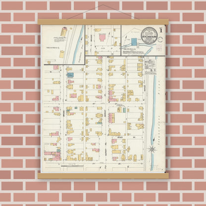 Old map wall art mockup — magnetic wood frame on brick wall — Sanborn Fire Insurance Map from New Cumberland, Cumberland County, Pennsylvania (1902), Sheet #0001