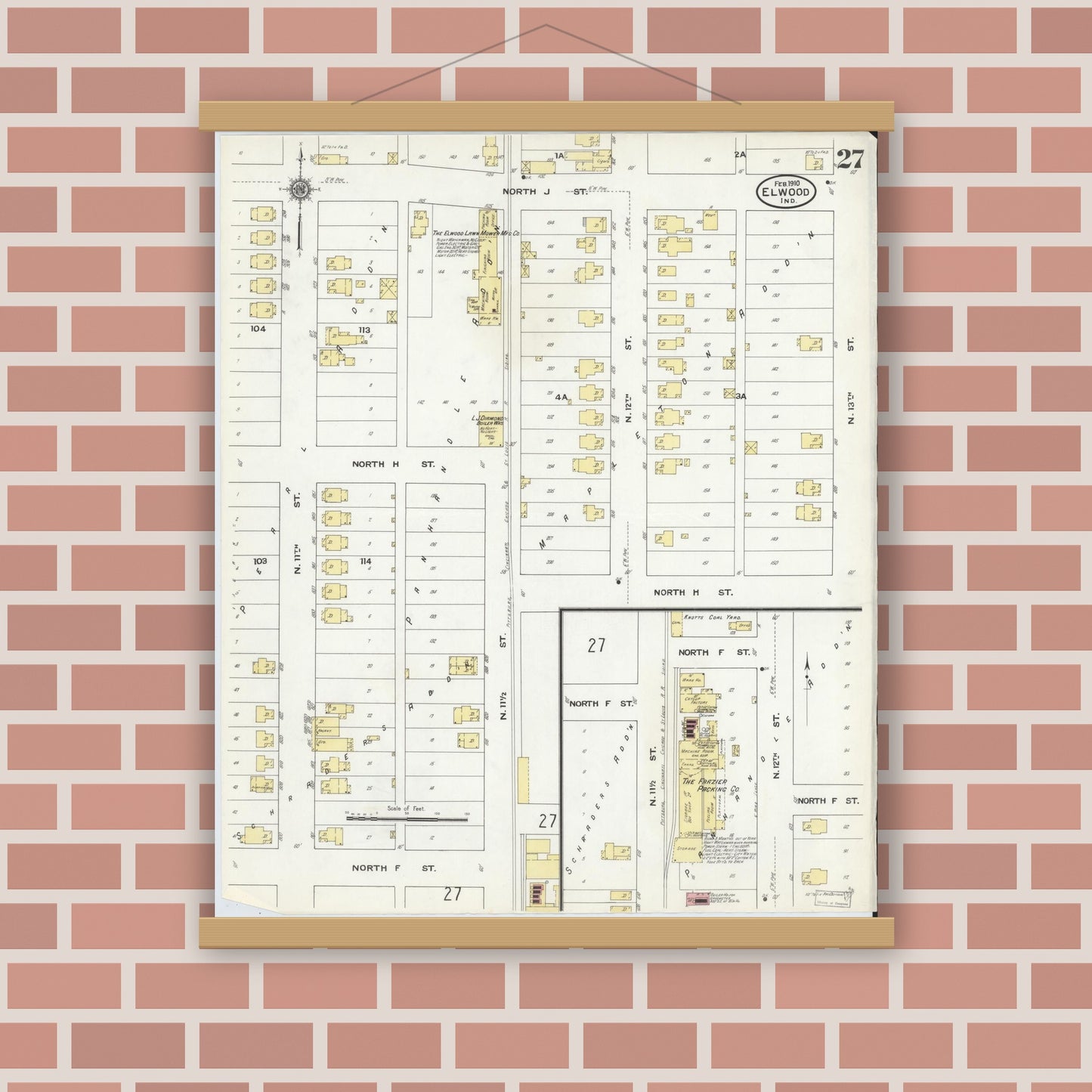 Old map wall art mockup — magnetic wood frame on brick wall — Sanborn Fire Insurance Map from Elwood, Madison County, Indiana (1910), Sheet #0027