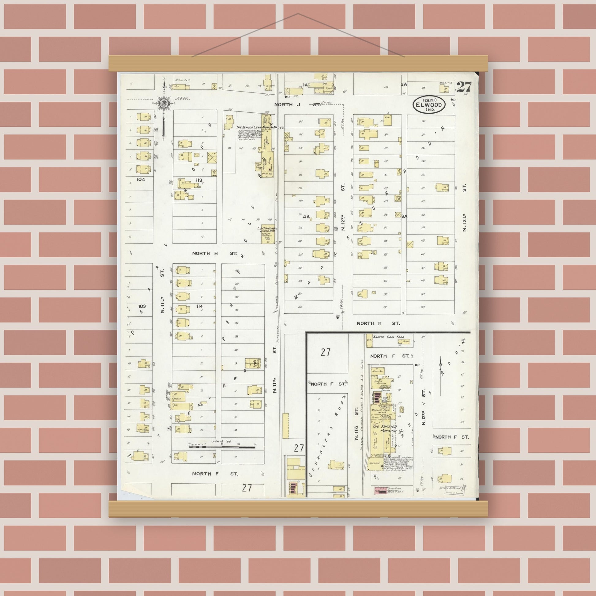 Old map wall art mockup — magnetic wood frame on brick wall — Sanborn Fire Insurance Map from Elwood, Madison County, Indiana (1910), Sheet #0027