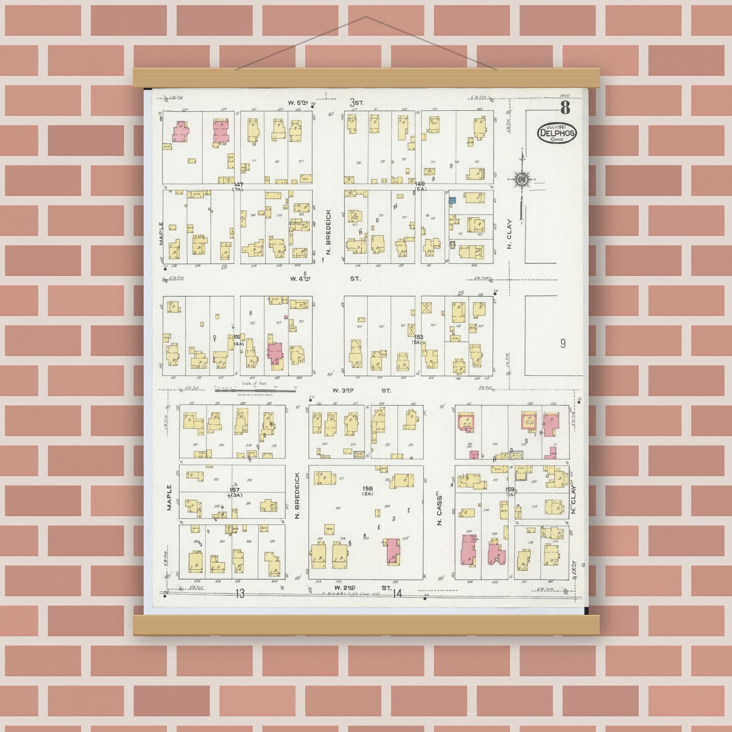 Old map wall art mockup — magnetic wood frame on brick wall — Sanborn Fire Insurance Map from Delphos, Van Wert And Allen Counties, Ohio (1921), Sheet #0008