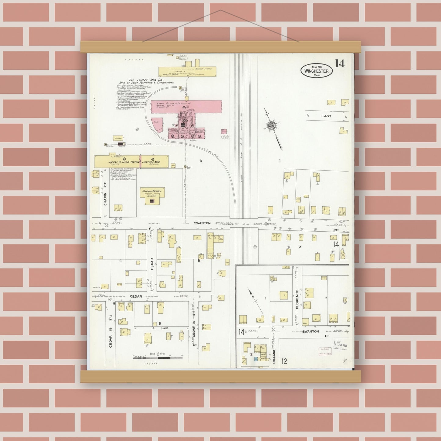 Old map wall art mockup — magnetic wood frame on brick wall — Sanborn Fire Insurance Map from Winchester, Middlesex County, Massachusetts (1910), Sheet #0014