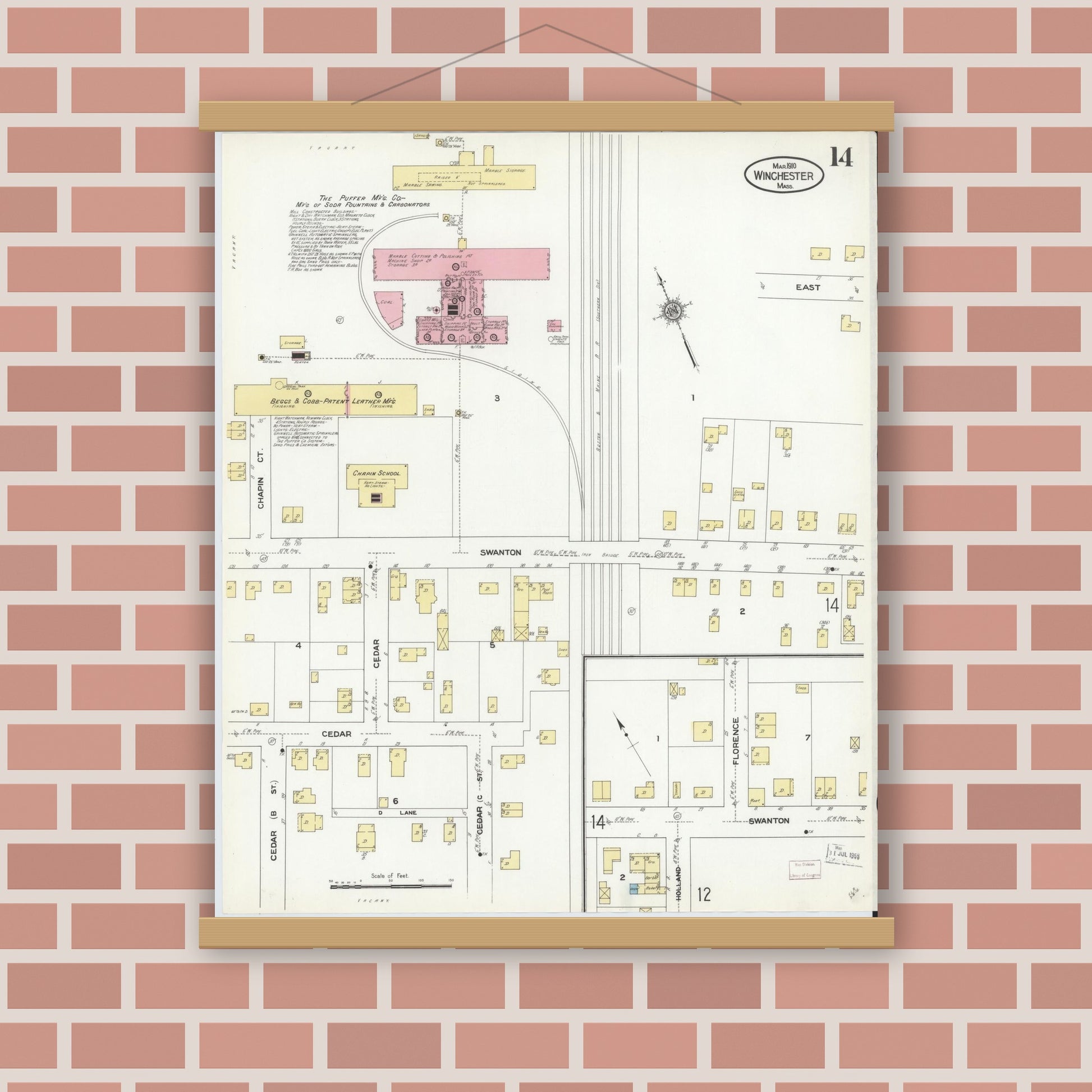Old map wall art mockup — magnetic wood frame on brick wall — Sanborn Fire Insurance Map from Winchester, Middlesex County, Massachusetts (1910), Sheet #0014