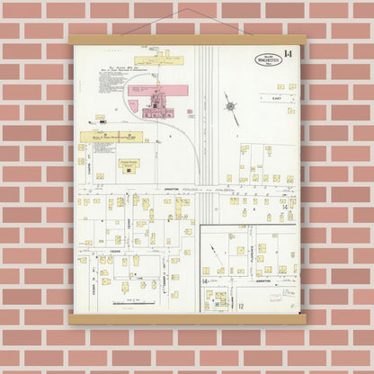 Old map wall art mockup — magnetic wood frame on brick wall — Sanborn Fire Insurance Map from Winchester, Middlesex County, Massachusetts (1910), Sheet #0014