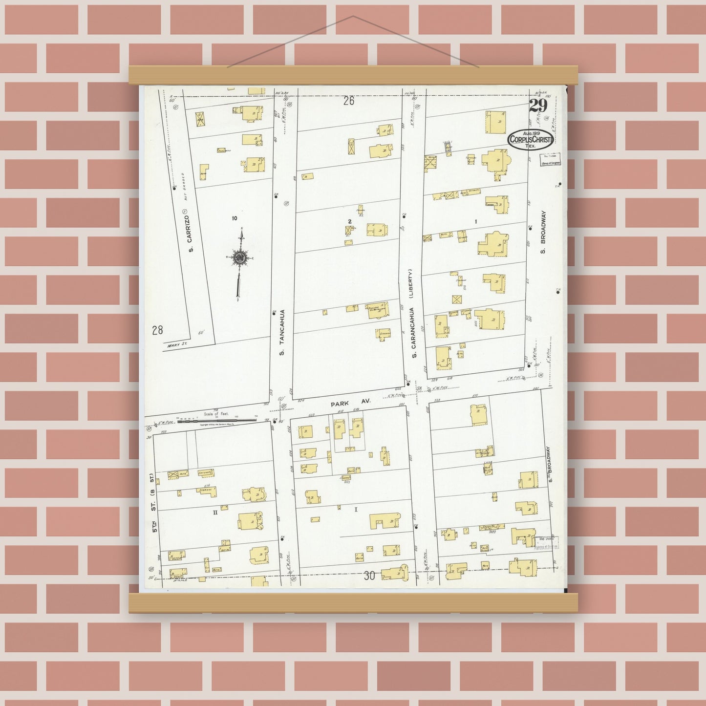Old map wall art mockup — magnetic wood frame on brick wall — Sanborn Fire Insurance Map from Corpus Christi, Nueces County, Texas (1919), Sheet #0029