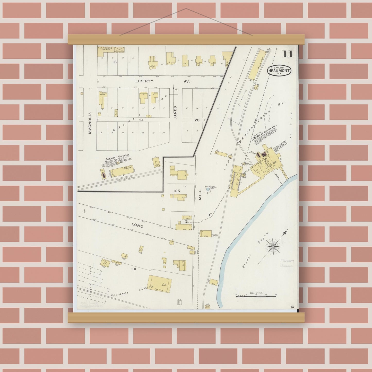 Old map wall art mockup — magnetic wood frame on brick wall — Sanborn Fire Insurance Map from Beaumont, Jefferson County, Texas (1894), Sheet #0011