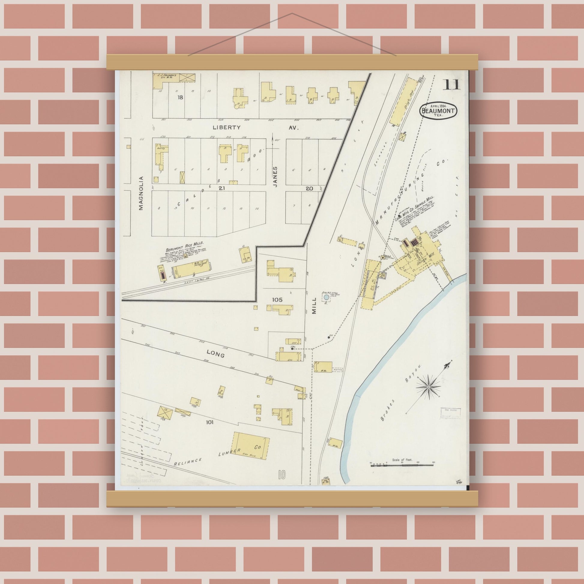Old map wall art mockup — magnetic wood frame on brick wall — Sanborn Fire Insurance Map from Beaumont, Jefferson County, Texas (1894), Sheet #0011