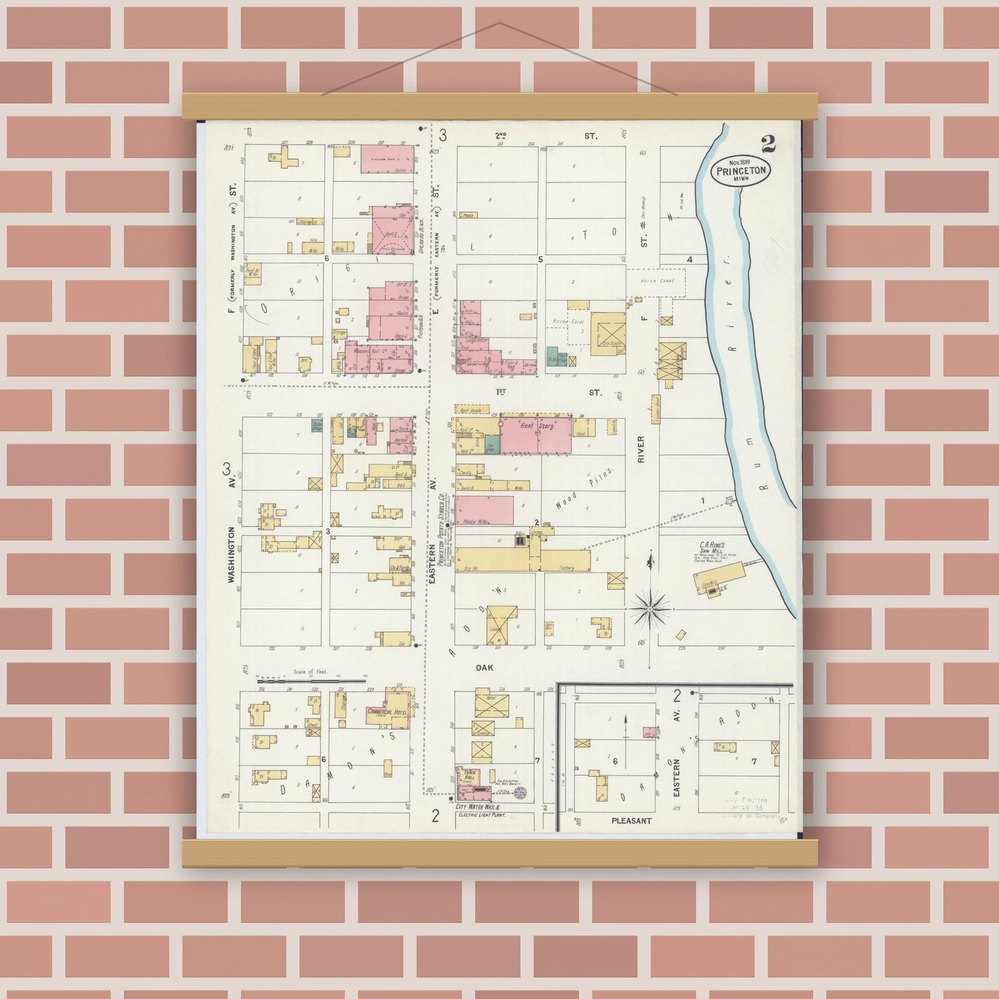 Old map wall art mockup — magnetic wood frame on brick wall — Sanborn Fire Insurance Map from Princeton, Mille Lacs County, Minnesota (1899), Sheet #0002
