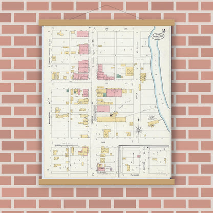 Old map wall art mockup — magnetic wood frame on brick wall — Sanborn Fire Insurance Map from Princeton, Mille Lacs County, Minnesota (1899), Sheet #0002