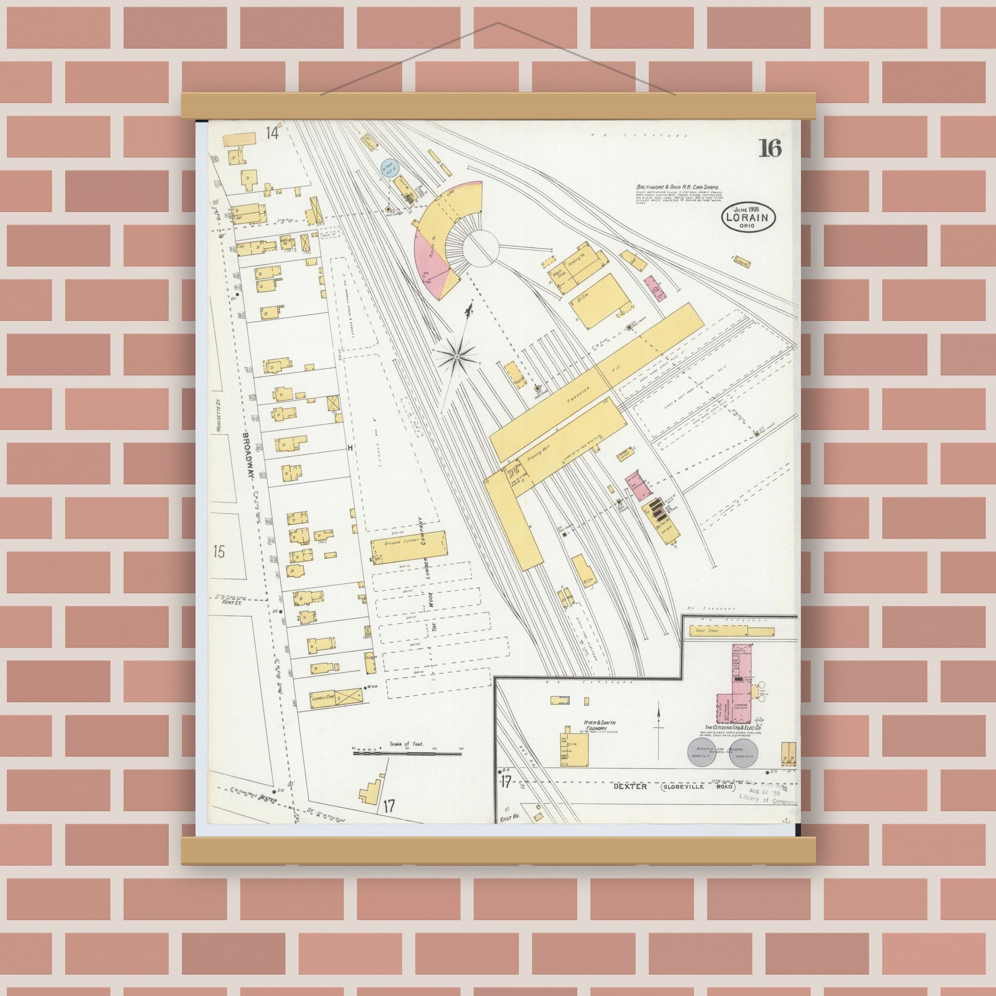 Old map wall art mockup — magnetic wood frame on brick wall — Sanborn Fire Insurance Map from Lorain, Lorain County, Ohio (1905), Sheet #0016