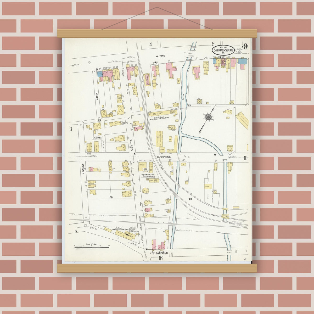 Old map wall art mockup — magnetic wood frame on brick wall — Sanborn Fire Insurance Map from Shippensburg, Cumberland And Franklin Counties, Pennsylvania (1910), Sheet #0009