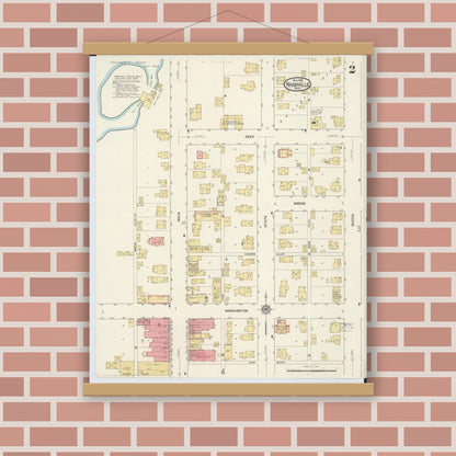 Old map wall art mockup — magnetic wood frame on brick wall — Sanborn Fire Insurance Map from Nashville, Barry County, Michigan (1916), Sheet #0002