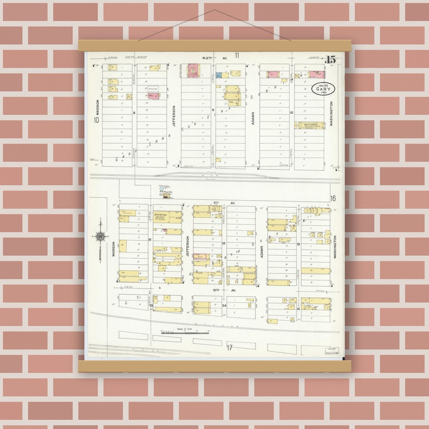 Old map wall art mockup — magnetic wood frame on brick wall — Sanborn Fire Insurance Map from Gary, Lake County, Indiana (1911), Sheet #0015