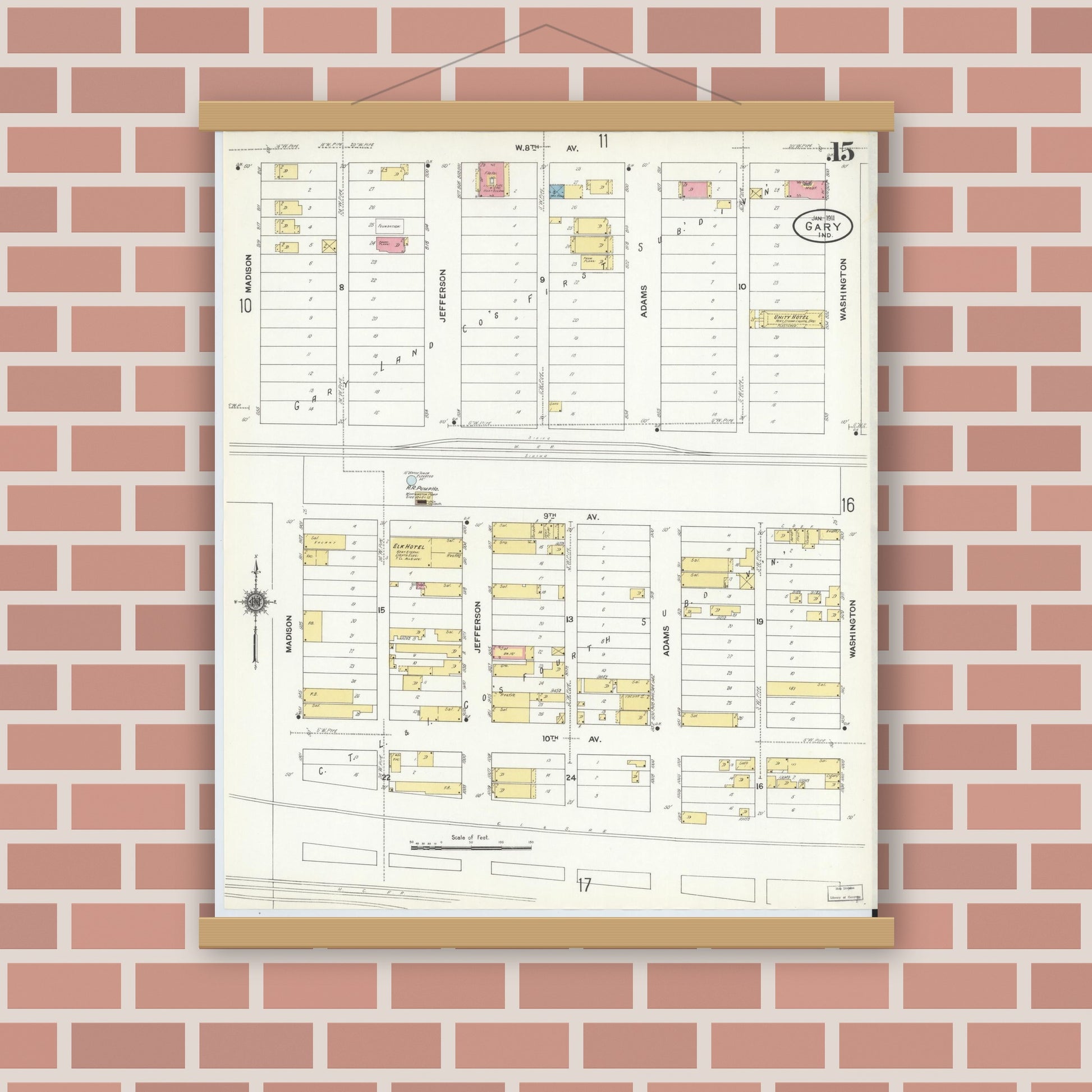 Old map wall art mockup — magnetic wood frame on brick wall — Sanborn Fire Insurance Map from Gary, Lake County, Indiana (1911), Sheet #0015