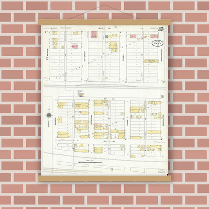 Old map wall art mockup — magnetic wood frame on brick wall — Sanborn Fire Insurance Map from Gary, Lake County, Indiana (1911), Sheet #0015