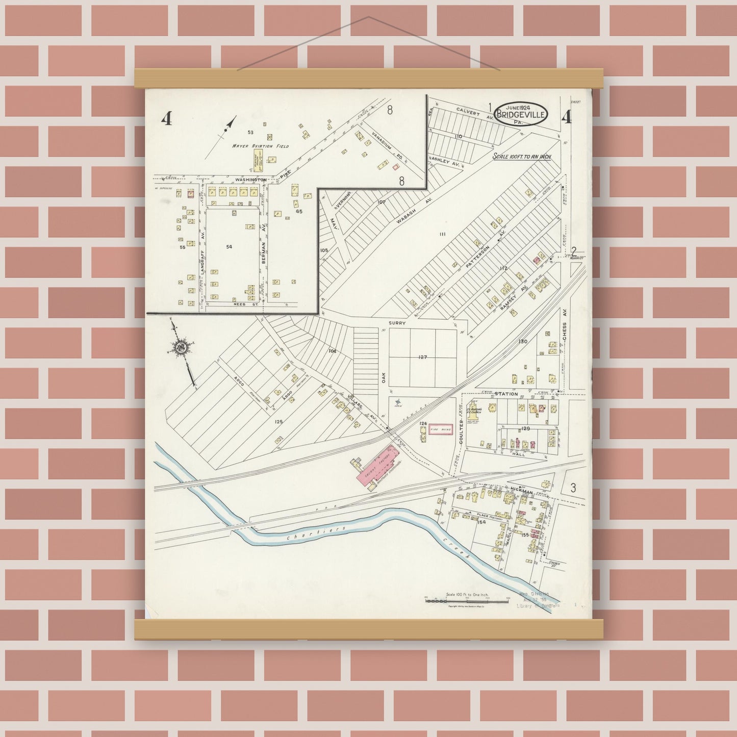 Old map wall art mockup — magnetic wood frame on brick wall — Sanborn Fire Insurance Map from Bridgeville, Allegheny County, Pennsylvania (1924), Sheet #0004