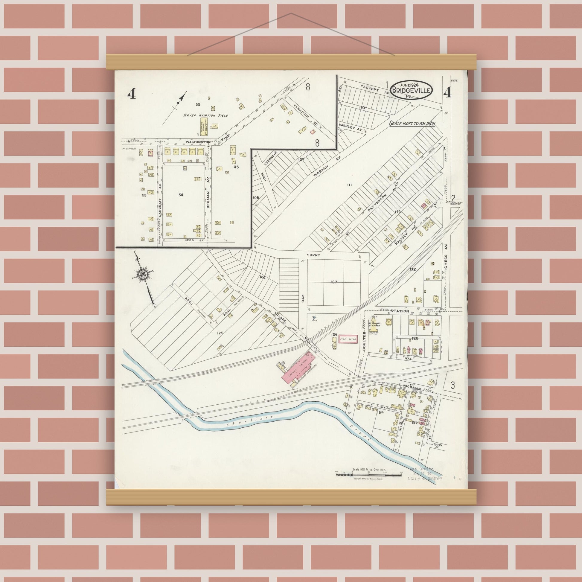 Old map wall art mockup — magnetic wood frame on brick wall — Sanborn Fire Insurance Map from Bridgeville, Allegheny County, Pennsylvania (1924), Sheet #0004