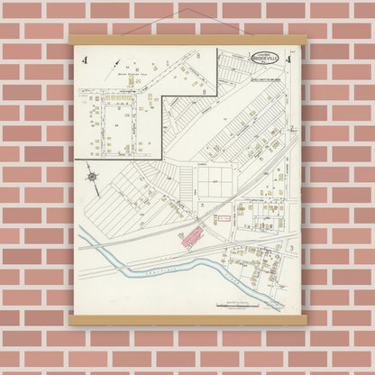 Old map wall art mockup — magnetic wood frame on brick wall — Sanborn Fire Insurance Map from Bridgeville, Allegheny County, Pennsylvania (1924), Sheet #0004