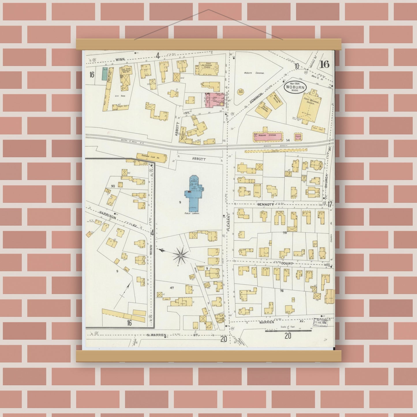 Old map wall art mockup — magnetic wood frame on brick wall — Sanborn Fire Insurance Map from Woburn, Middlesex County, Massachusetts (1904), Sheet #0016