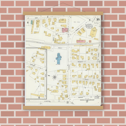 Old map wall art mockup — magnetic wood frame on brick wall — Sanborn Fire Insurance Map from Woburn, Middlesex County, Massachusetts (1904), Sheet #0016