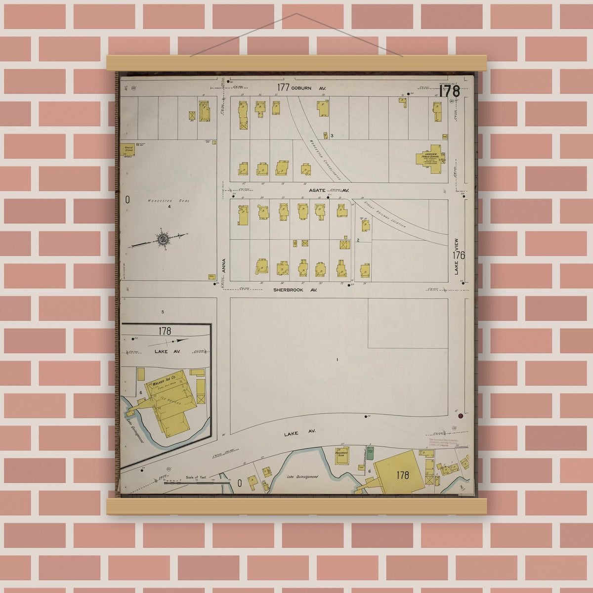 Old map wall art mockup — magnetic wood frame on brick wall — Sanborn Fire Insurance Map from Worcester, Worcester County, Massachusetts (1910), Sheet #0178