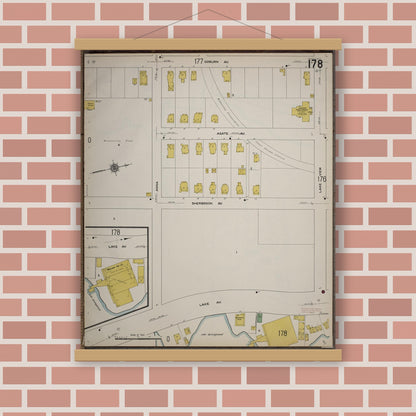 Old map wall art mockup — magnetic wood frame on brick wall — Sanborn Fire Insurance Map from Worcester, Worcester County, Massachusetts (1910), Sheet #0178