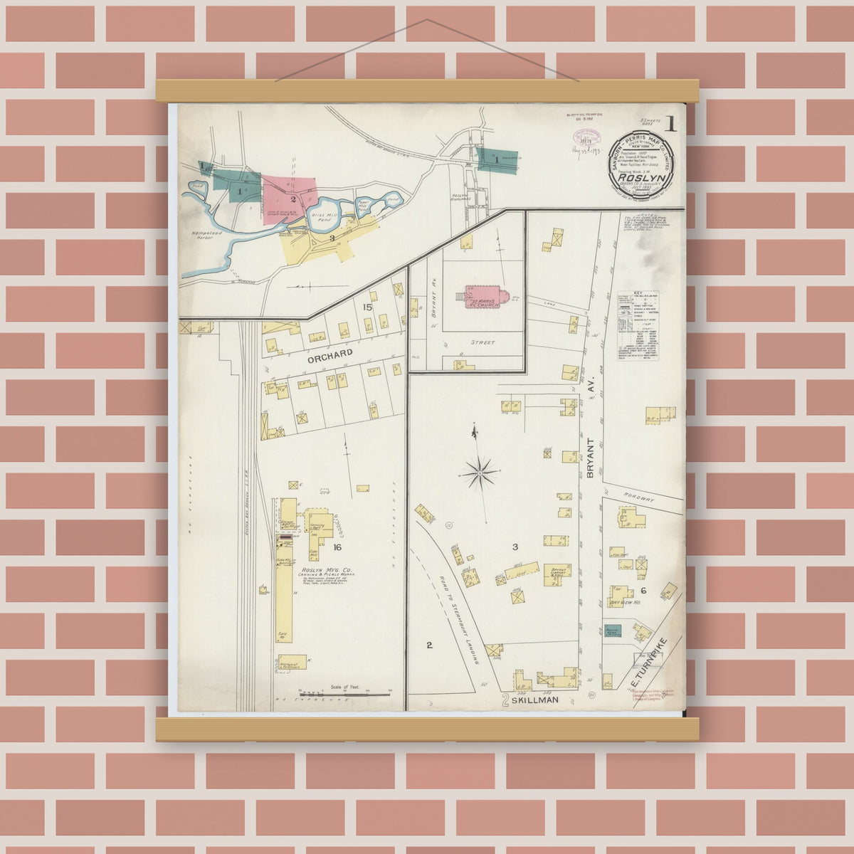 Old map wall art mockup — magnetic wood frame on brick wall — Sanborn Fire Insurance Map from Roslyn, Nassau County, New York (1893) - Complete Map Set