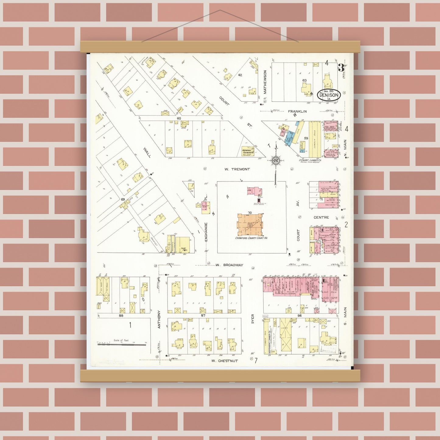 Old map wall art mockup — magnetic wood frame on brick wall — Sanborn Fire Insurance Map from Denison, Crawford County, Iowa (1913), Sheet #0003