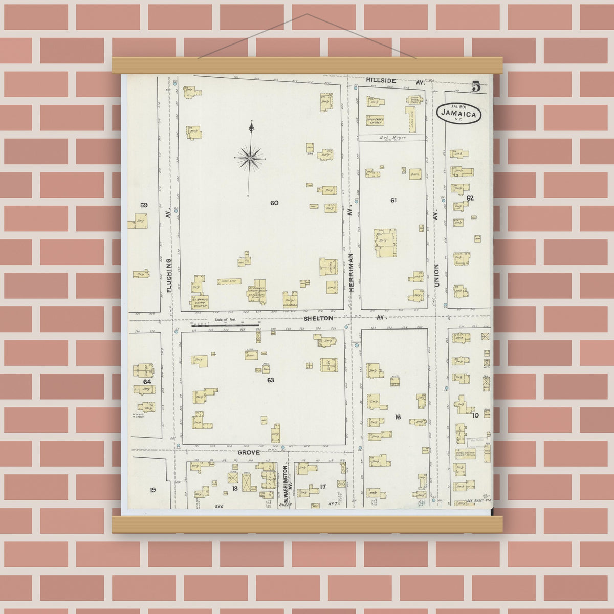 Old map wall art mockup — magnetic wood frame on brick wall — Sanborn Fire Insurance Map from Jamaica, Queens County, New York (1891), Sheet #0005
