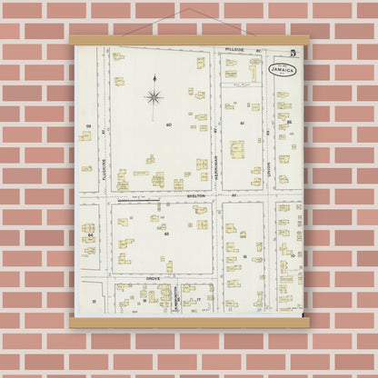 Old map wall art mockup — magnetic wood frame on brick wall — Sanborn Fire Insurance Map from Jamaica, Queens County, New York (1891), Sheet #0005