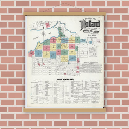 Old map wall art mockup — magnetic wood frame on brick wall — Sanborn Fire Insurance Map from Holland, Ottawa County, Michigan (1908), Sheet #0001